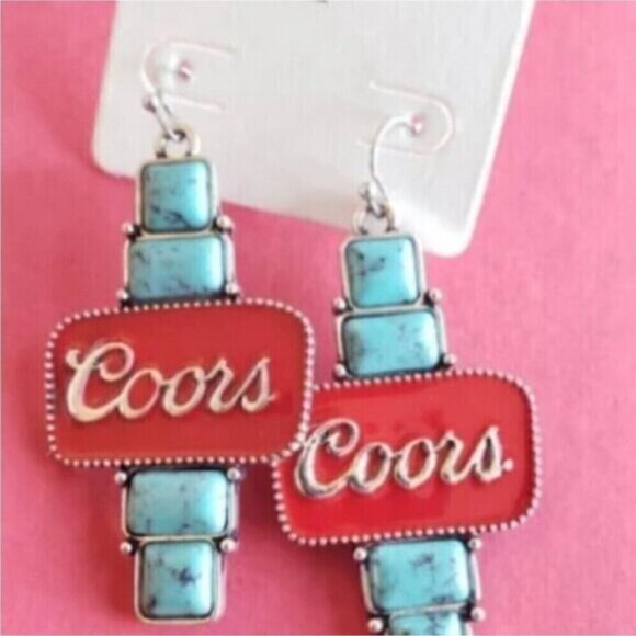Coors Beer Red Blue Turquoise Geometric Square Drop Silver Earrings - Picture 3 of 4